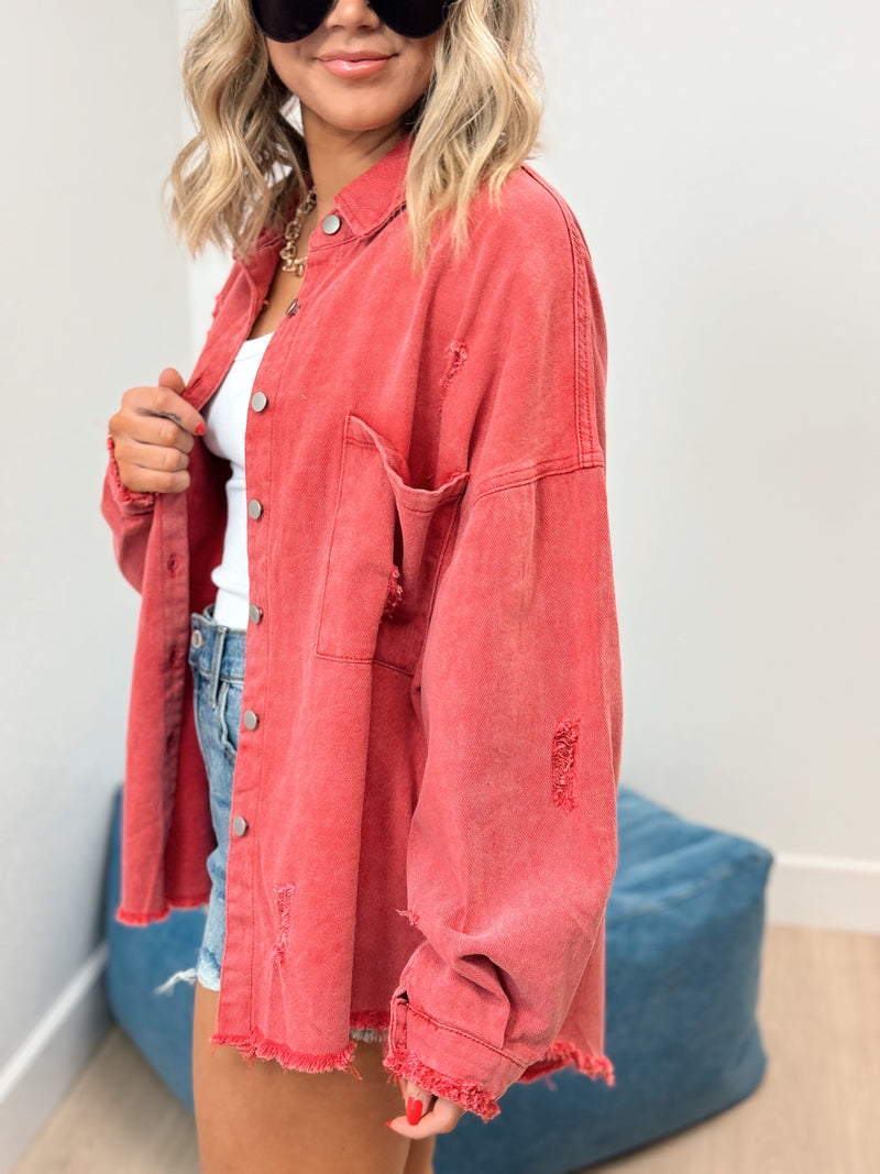 Best of the Best Distressed Denim Shacket - Red