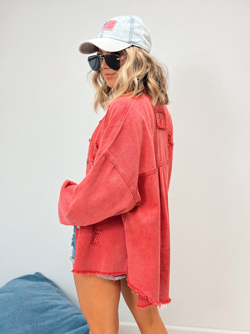 Best of the Best Distressed Denim Shacket - Red