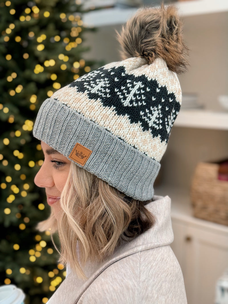 Winter Pattern Pom Hat - Grey/Tan/White/Charcoal