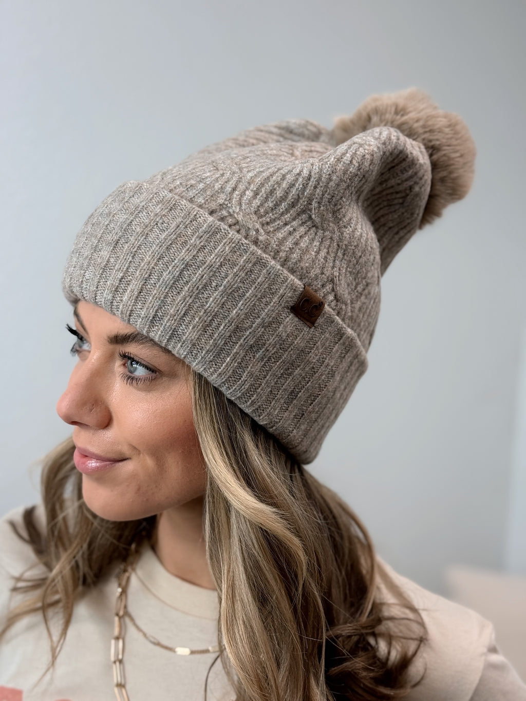 CC Fleece Lined Pom Beanie - Taupe