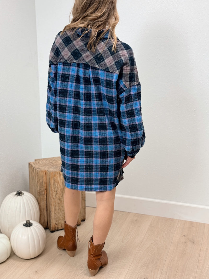 Avril Flannel Shirt Dress - Blue