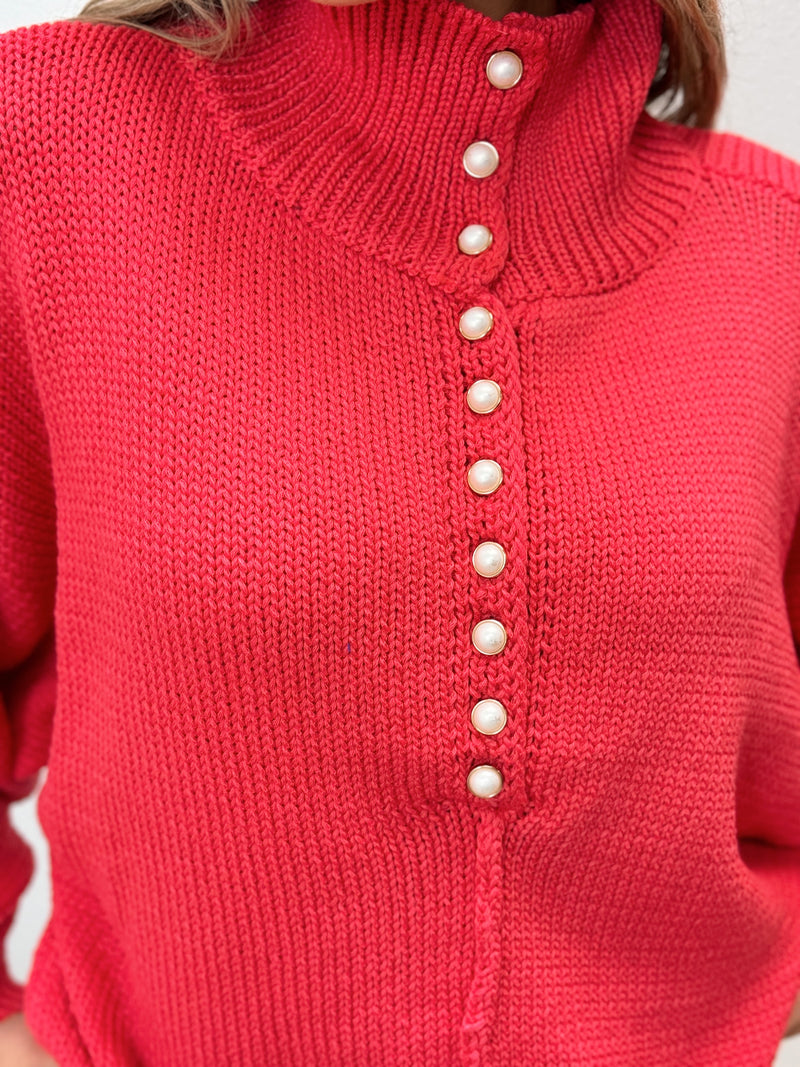 Tea Party Pearl Button Sweater - Red