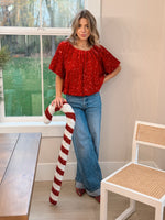 Under the Mistletoe Puff Sleeve Sequin Blouse - Red