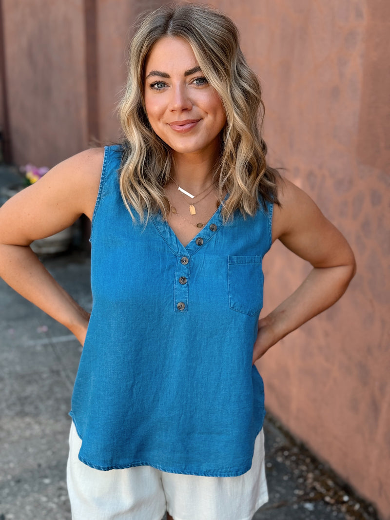 Chambray Henley Sleeveless Blouse - FINAL SALE