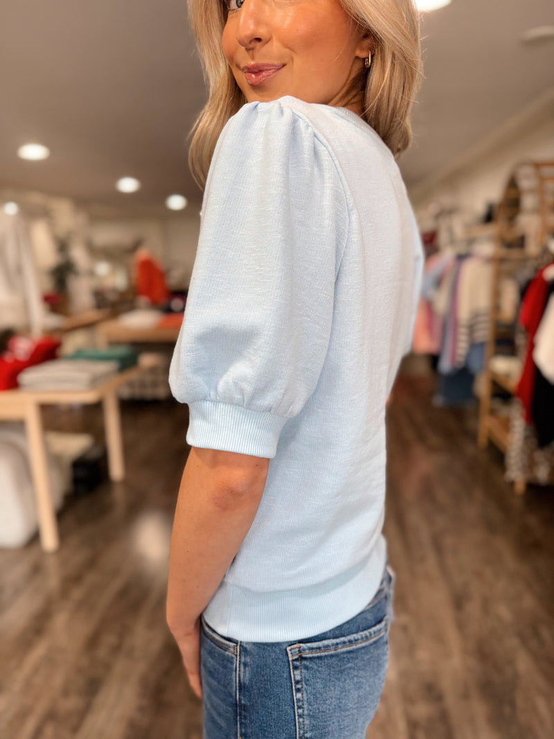 Polished Look Puff Sleeve Top - Ice Blue