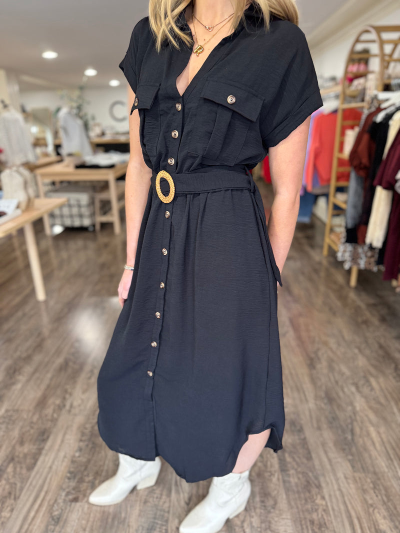 Someday Button Front Belted Dress - Black