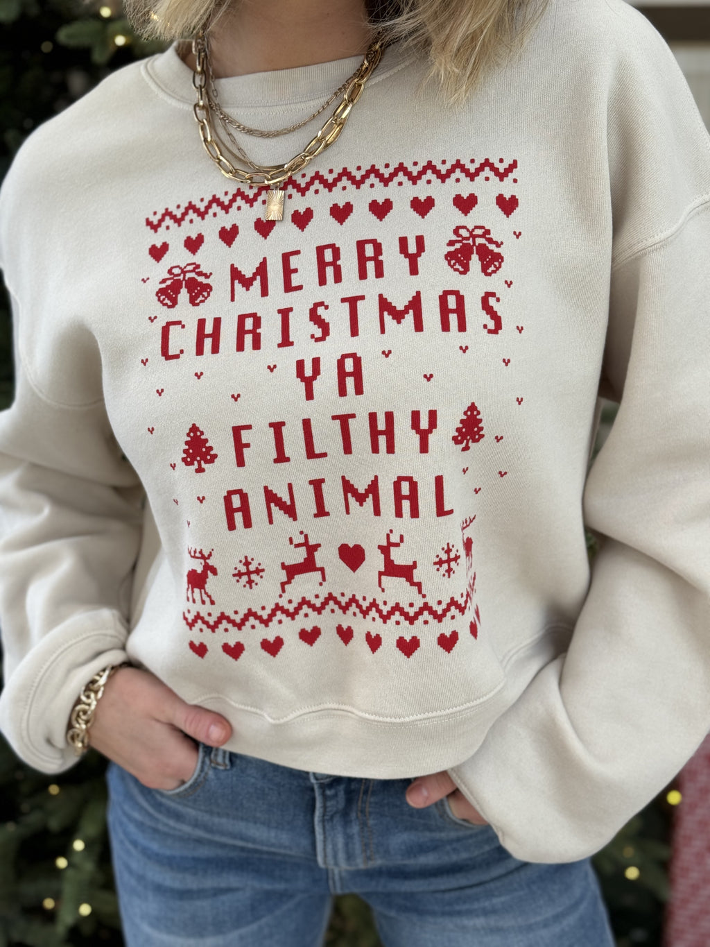 Merry Christmas Ya Filthy Animal Sweatshirt - Sand