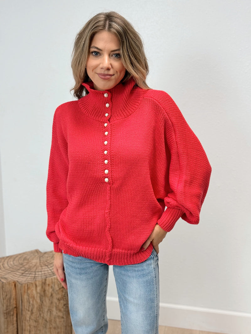 Tea Party Pearl Button Sweater - Red