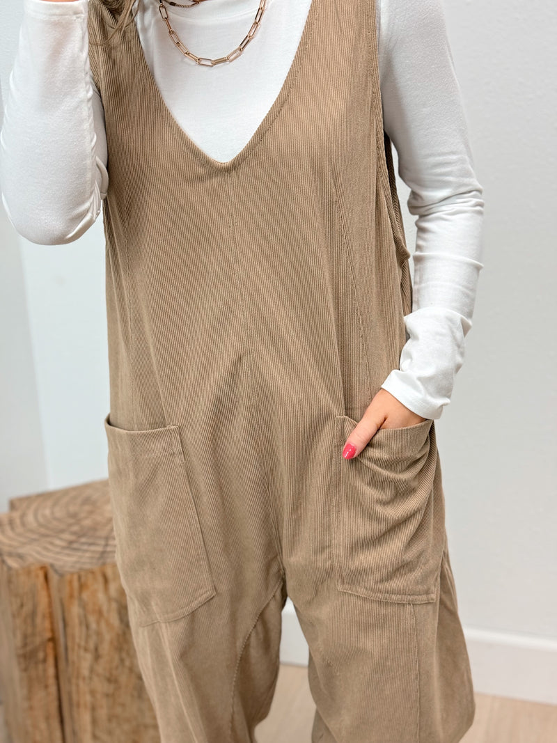 Inspired Loose Fit Corded Jumpsuit - Taupe