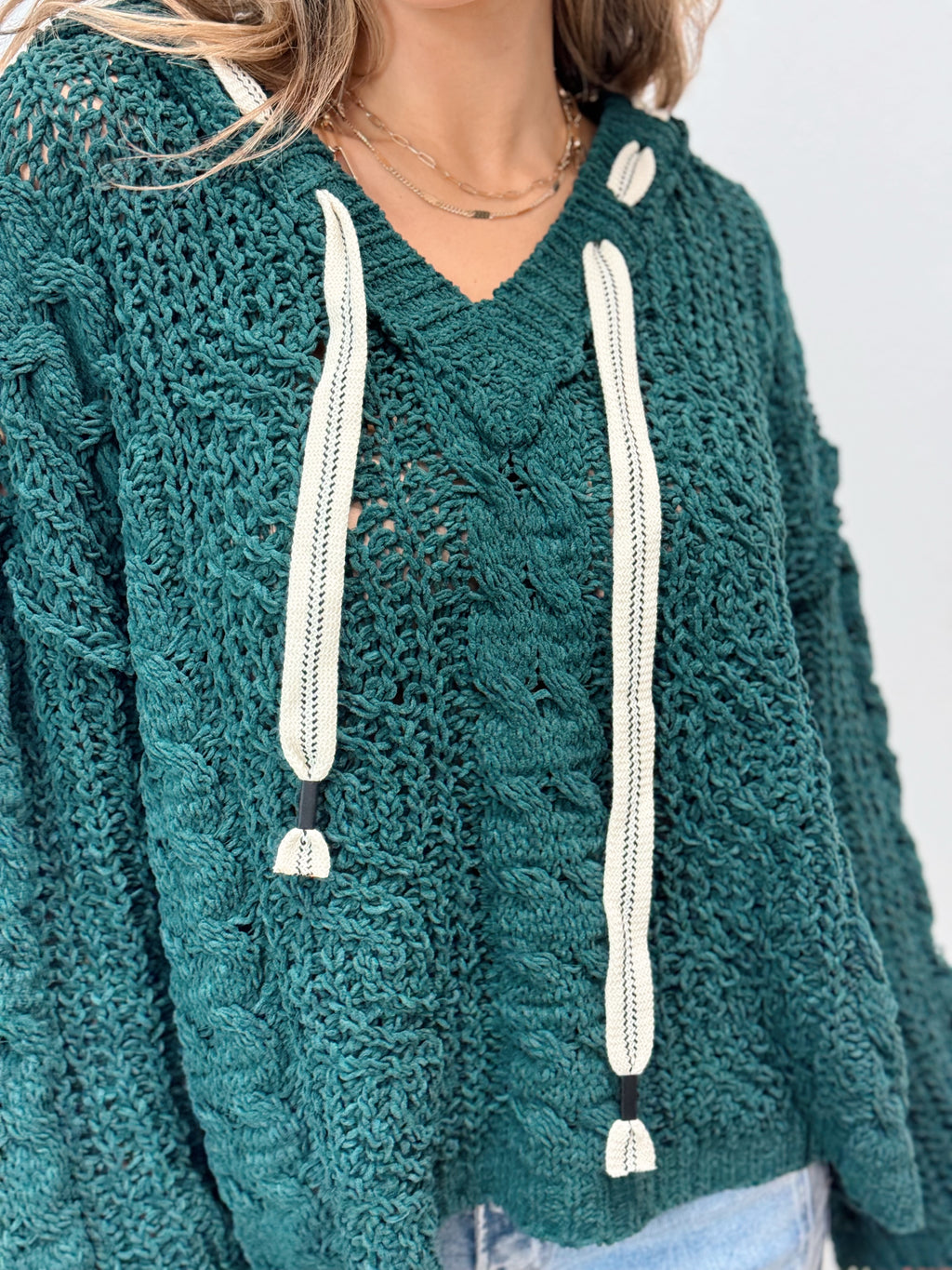 Sylvie Cable Knit Hooded Sweater - Forest