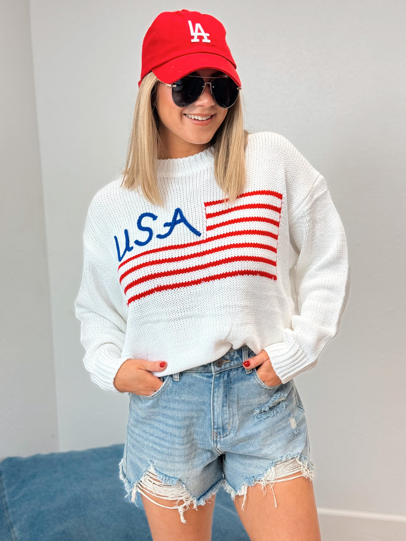 Patriotic Stitched Sweater - White -FINAL SALE