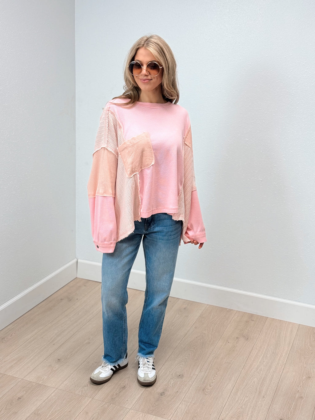 Free Flow Waffle Knit Blouse - Pink