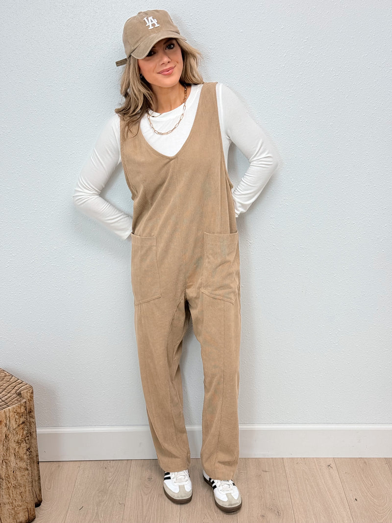 Inspired Loose Fit Corded Jumpsuit - Taupe