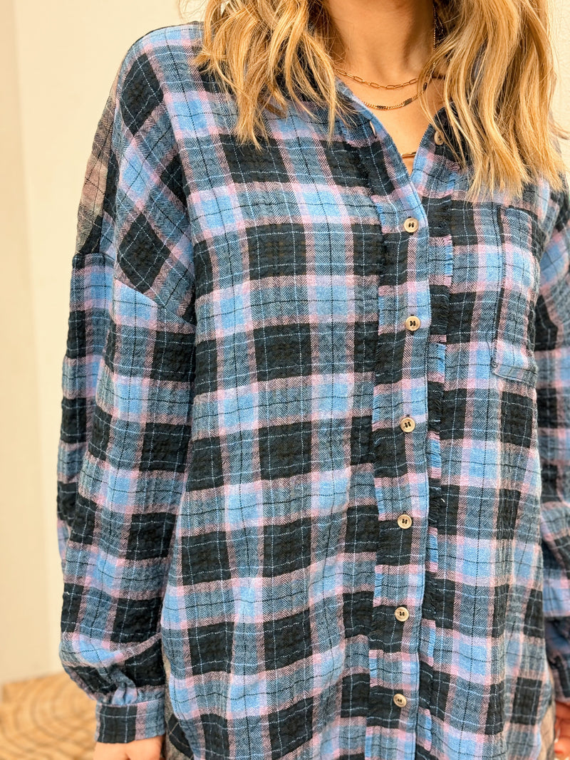 Avril Flannel Shirt Dress - Blue