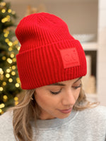 CC Ribbed Knit Patch Beanie - Red