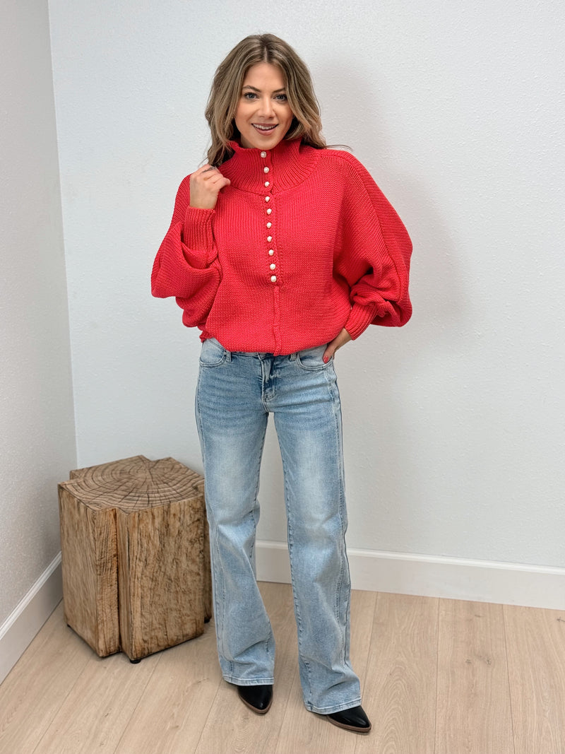 Tea Party Pearl Button Sweater - Red