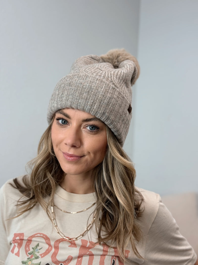 CC Fleece Lined Pom Beanie - Taupe