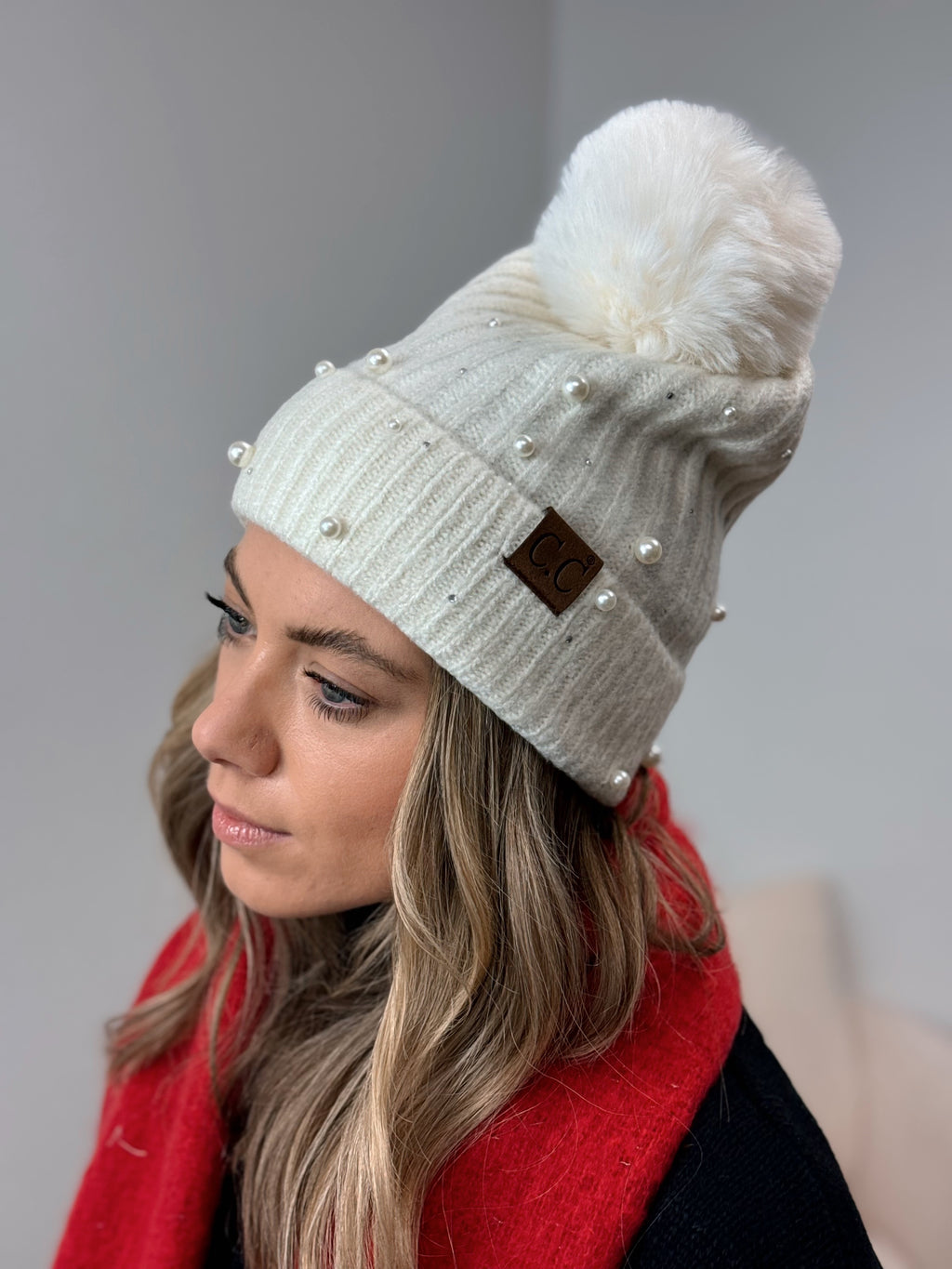 Pearl Embellished Pom Beanie - 2 Colors