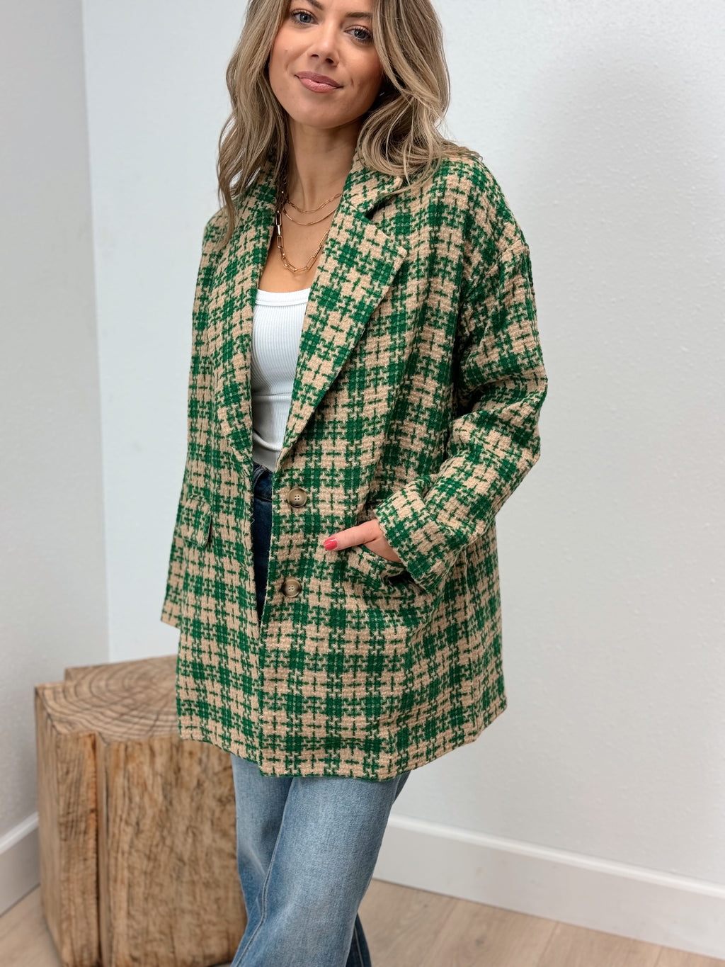 Fashionably Late Houndstooth Jacket - Green