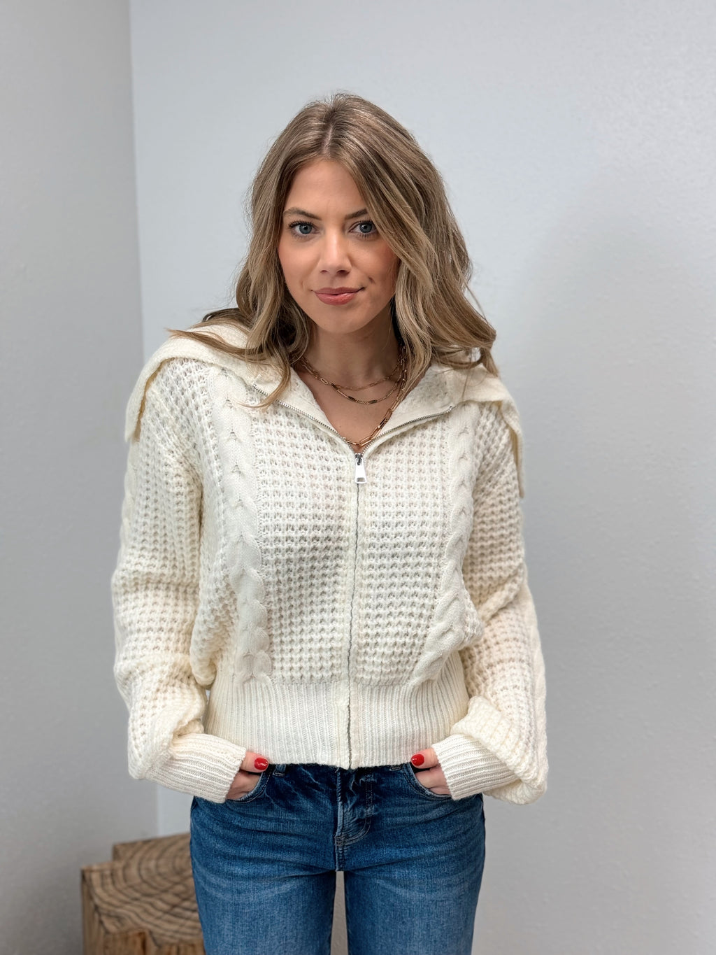 Ciao Zip Front Cable Knit Sweater - Ivory