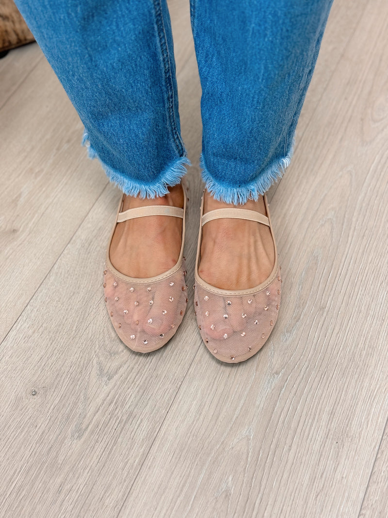 Rhinestone Mesh Mary Jane Flats - Nude