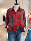 Plaid Tartan Peplum Blouse - Red