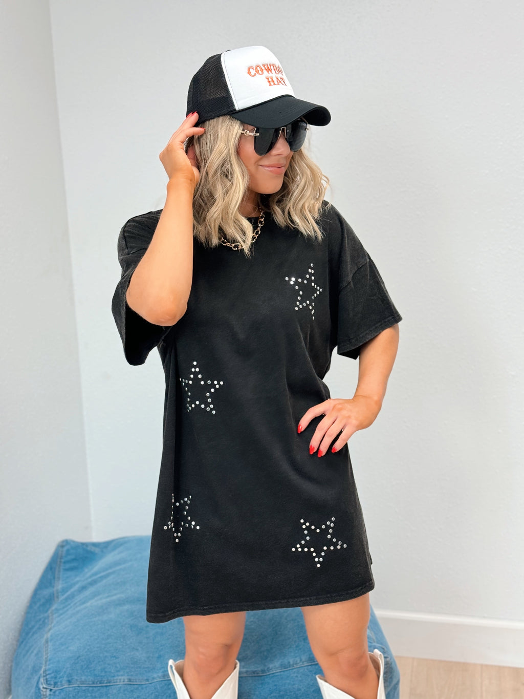 On Tour Studded Star T-Shirt Dress - Black
