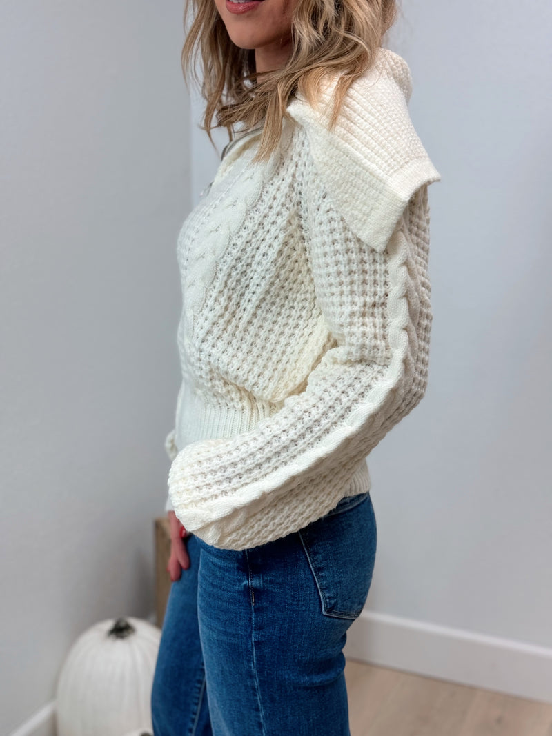 Ciao Zip Front Cable Knit Sweater - Ivory