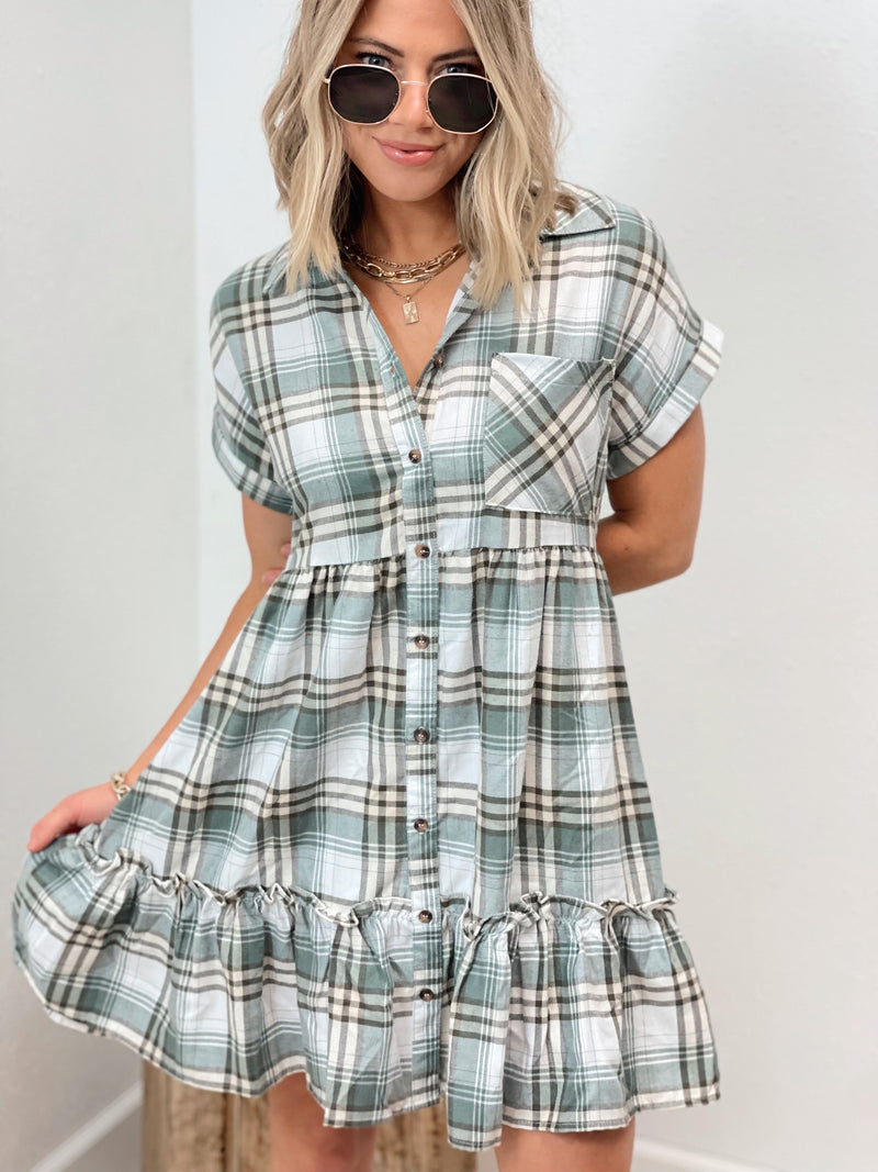 Campus Cutie Flannel Dress - Sage