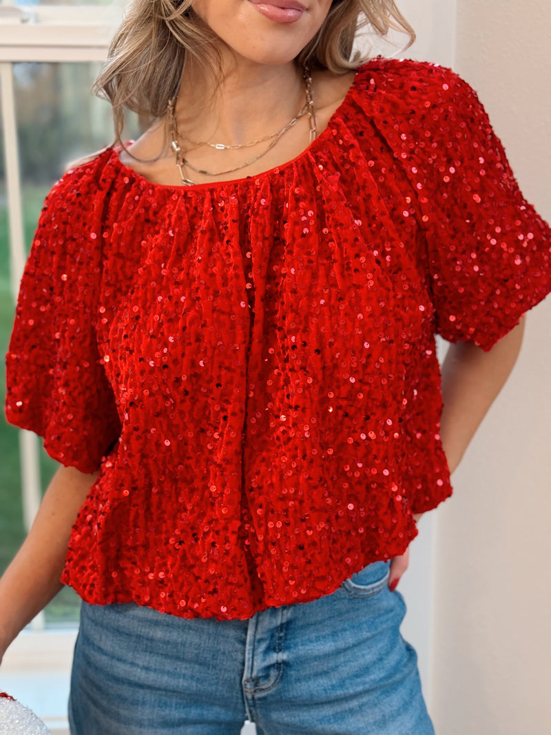 Under the Mistletoe Puff Sleeve Sequin Blouse - FINAL SALE