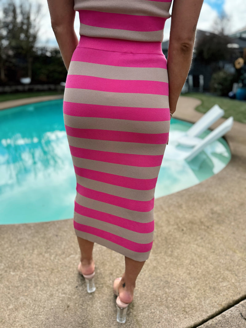 Date Night Stripe Knit Skirt - Pink/Tan