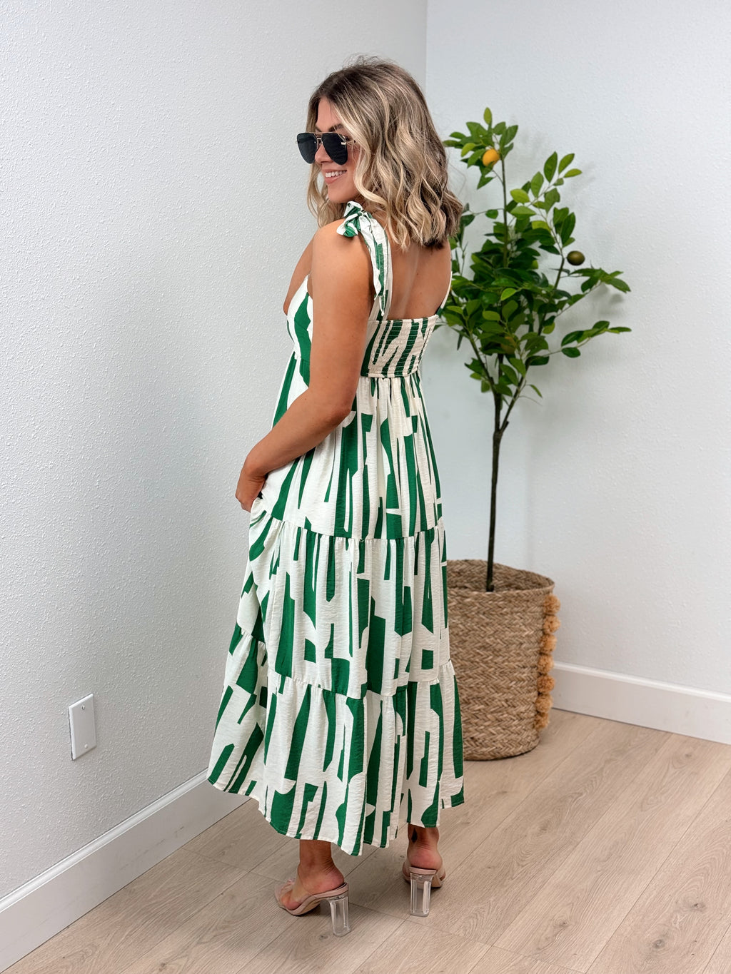 Abstract Tiered Midi Dress - Green