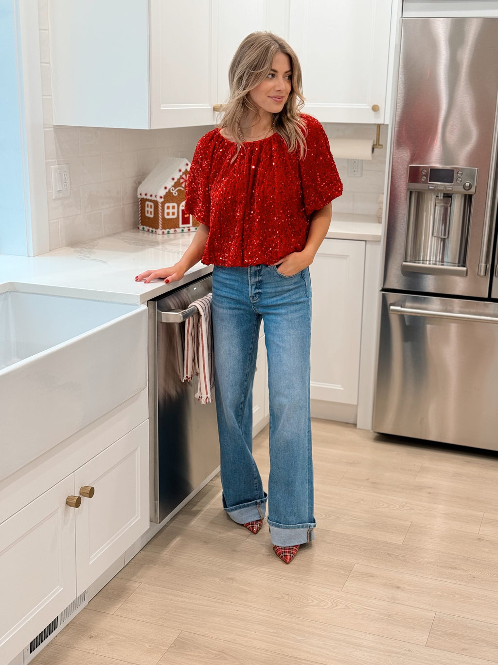 Under the Mistletoe Puff Sleeve Sequin Blouse - Red