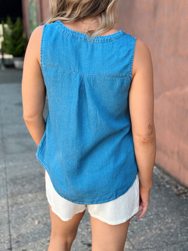 Chambray Henley Sleeveless Blouse - FINAL SALE