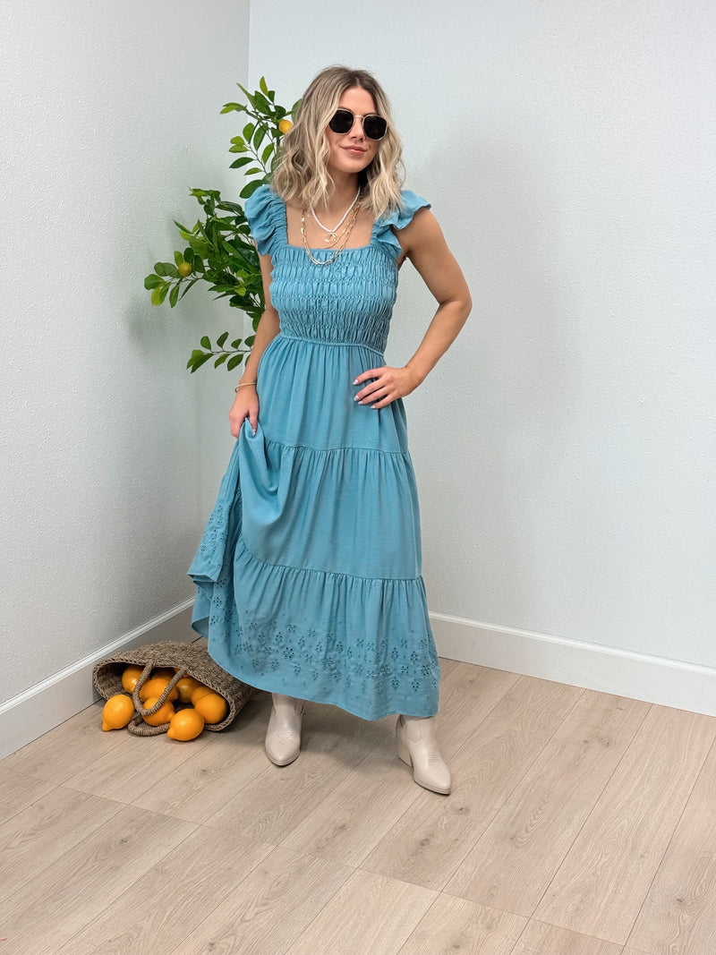 Lillian Tiered Eyelet Maxi Dress - Dusty Blue