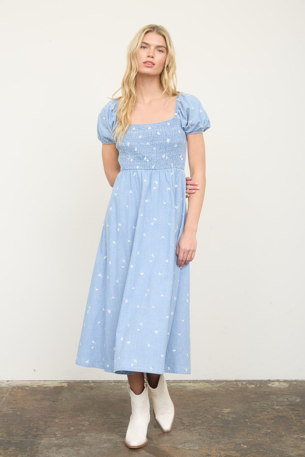 Floral Stitched Chambray Dress
