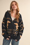 Dachsund Knit Hooded Cardigan - Black