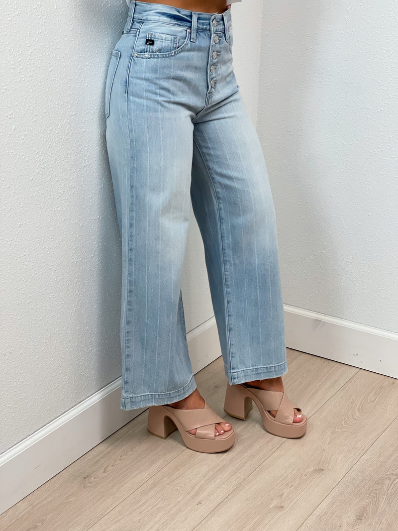Summer Pinstripe Wide Leg Jean - Light - FINAL SALE