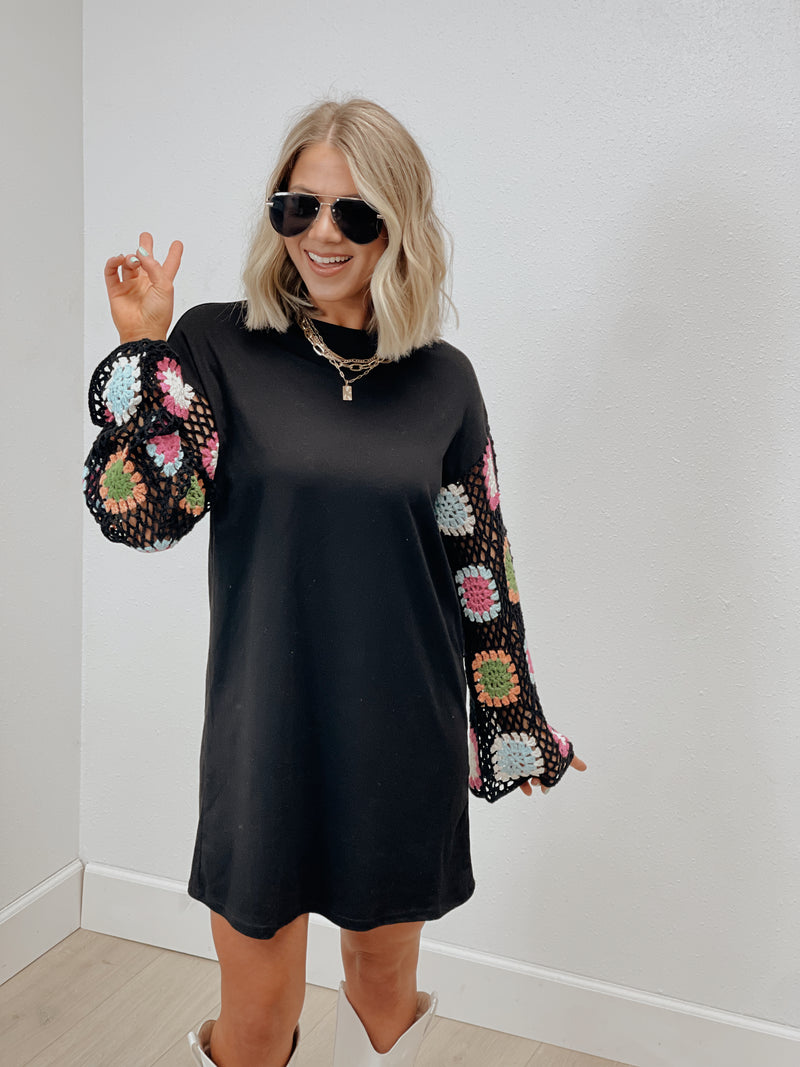 Lesson Learned Crochet Sleeve T-Shirt Dress - Black